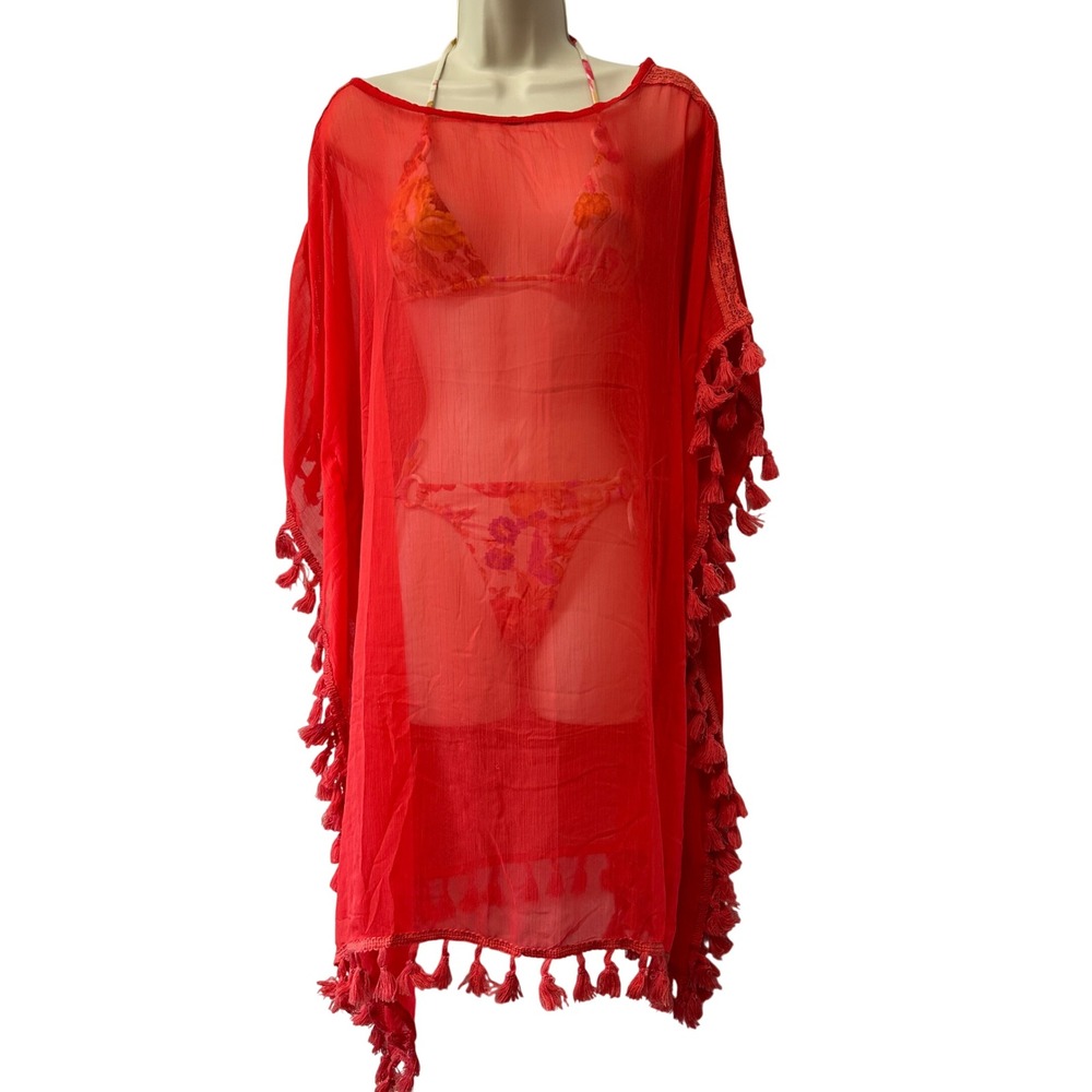 Womens Red Sheer Tassel Trim Kaftan Beach Swim Cover Up One Size